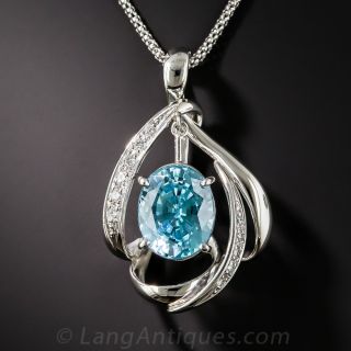 Platinum Blue Zircon and Diamond Pendant Necklace