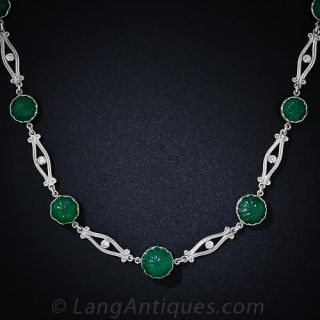 Platinum Carved Emerald and Diamond Chain Necklace