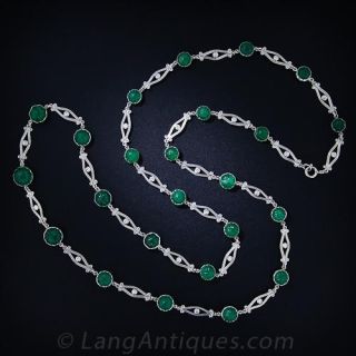 Platinum Carved Emerald and Diamond Chain Necklace