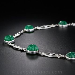 Platinum Carved Emerald and Diamond Chain Necklace