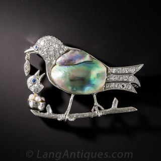 Platinum, Diamond and Abalone Pearl Bird Pin