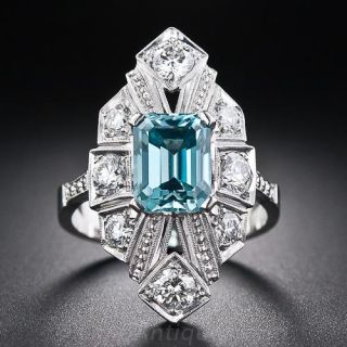 Platinum, Diamond and Blue Zircon Art Deco Ring