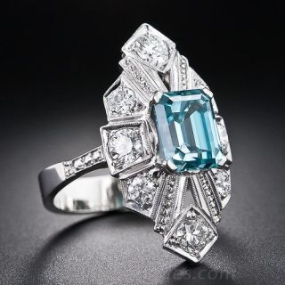 Platinum, Diamond and Blue Zircon Art Deco Ring