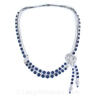 Platinum, Diamond and Cabochon Sapphire Art Deco Style Necklace