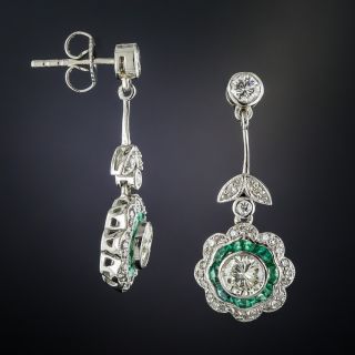 Platinum Diamond And Emerald Art Deco Style Dangle Earrings