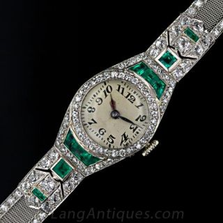 Platinum Diamond and Emerald Art Deco Watch with Mesh Band 