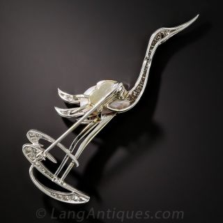 Platinum Diamond and Pearl Crane Brooch
