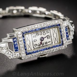 Platinum Diamond and Sapphire Art Deco Bracelet Watch