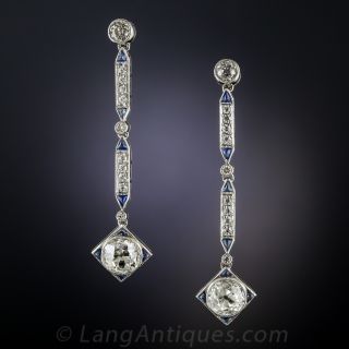 Platinum Diamond and Sapphire Art Deco Drop Earrings