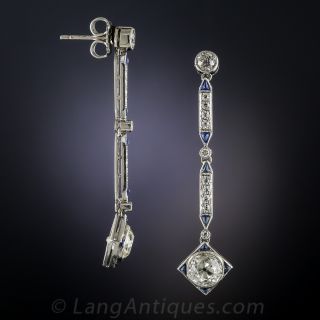 Platinum Diamond and Sapphire Art Deco Drop Earrings