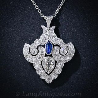 Platinum  Diamond and Sapphire Art Deco Pendant