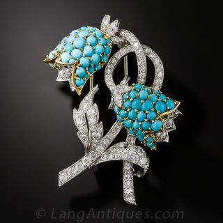 Platinum Diamond and Turquoise Bell Flower Brooch
