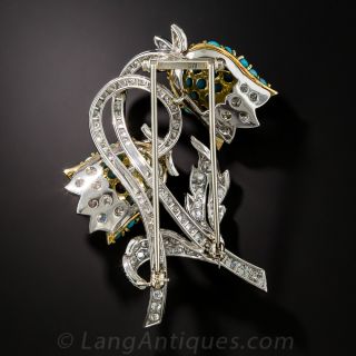 Platinum Diamond and Turquoise Bell Flower Brooch