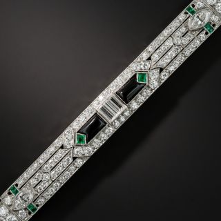 Platinum Diamond Onyx and  Emerald Art Deco Bracelet - 1