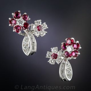 Platinum Diamond Ruby Flower Earrings 