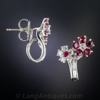 Platinum Diamond Ruby Flower Earrings 