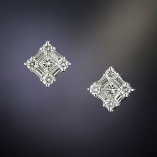 Platinum Diamond Square Cluster Ear Studs - 2