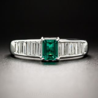 Platinum Emerald and Baguette Diamond Ring - 1