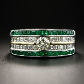 Platinum Emerald and Diamond Band Ring - 1