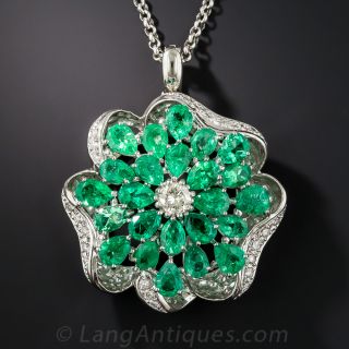 Platinum Emerald and Diamond Flower Necklace - 1