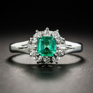 Small Platinum Emerald and Diamond Ring - 1