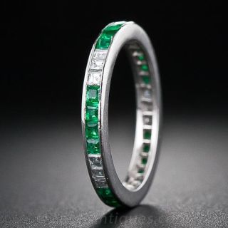 Platinum Emerald and Diamond Wedding Band - Size 3 3/4