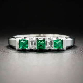 Platinum Five-Stone Emerald and Diamond Band Ring