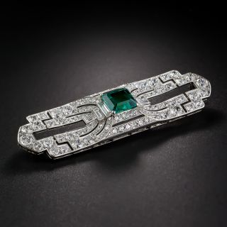 Platinum Gem Emerald and Diamond Art Deco Brooch
