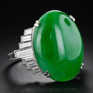 Platinum Jade and Baguette Diamond Ring