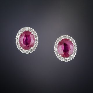 Platinum Oval Ruby with Diamond Halo Earrings - 1