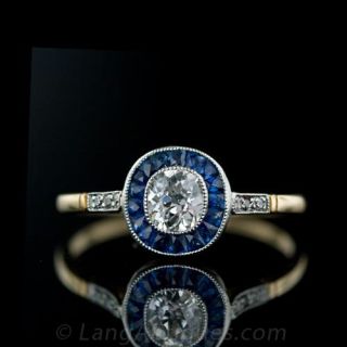 Platinum  over Gold Art Deco Style Diamond and Sapphire Ring Main View 1