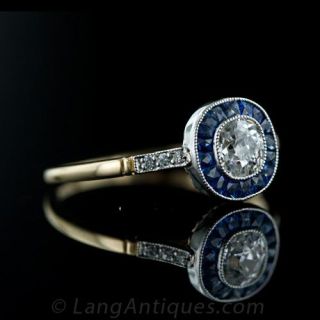Platinum  over Gold Art Deco Style Diamond and Sapphire Ring