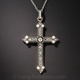 Platinum Over Gold Diamond and Pearl Cross