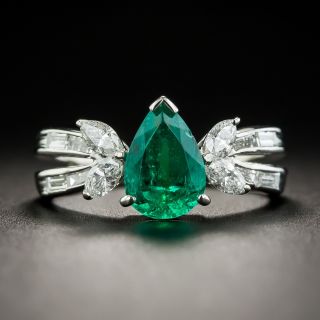 Platinum Pear Shape Emerald Platinum Diamond Ring - 1