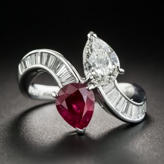 Platinum Pear Shape Ruby and Diamond Bypass Ring - 2