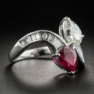Platinum Pear Shape Ruby and Diamond Bypass Ring