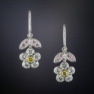 Platinum Pink, Yellow and White Diamond Flower Dangle Earrings