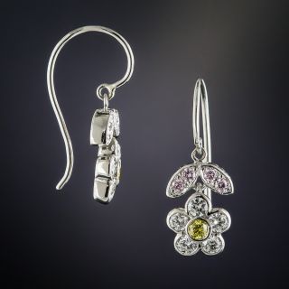 Platinum Pink, Yellow and White Diamond Flower Dangle Earrings