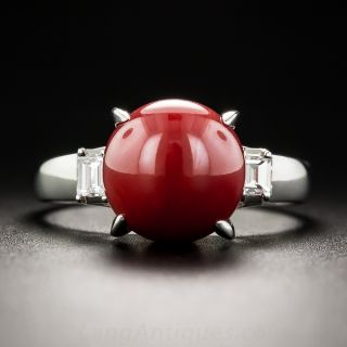 Platinum Red Coral and Diamond Ring