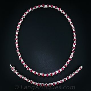 Platinum Ruby and Diamond Necklace and Bracelet