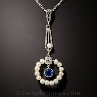 Platinum Sapphire and Pearl Pendant