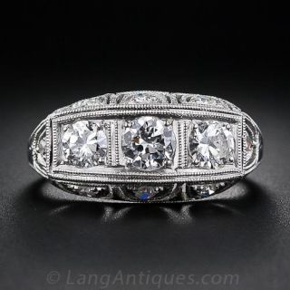 Platinum Three-Stone Diamond Art Deco Ring