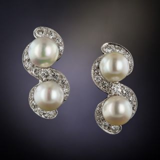 Platinum Twin Pearl and Diamond Earrings