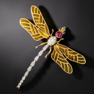 Plique-a-Jour Diamond and Ruby  Dragonfly Brooch - 2