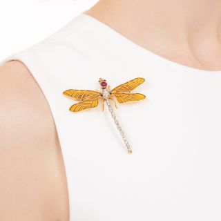 Plique-a-Jour Diamond and Ruby  Dragonfly Brooch