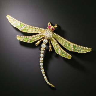 Plique-a-Jour Diamond Dragonfly Brooch - 2