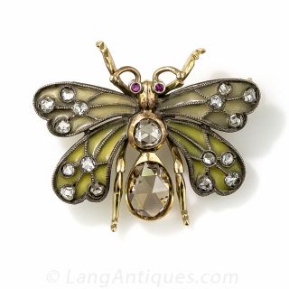 Plique-a-Jour Enamel and Rose-Cut Diamond Butterfly Brooch