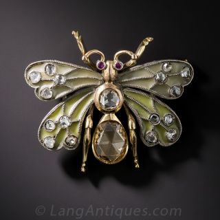 Plique-a-Jour Enamel and Rose-Cut Diamond Butterfly Brooch