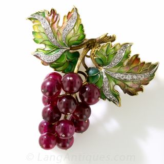 Plique a Jour Enamel, Diamond and Red Ruby Grape Cluster  Brooch