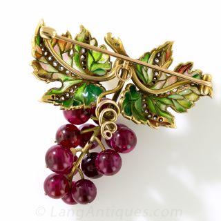 Plique a Jour Enamel, Diamond and Red Ruby Grape Cluster  Brooch